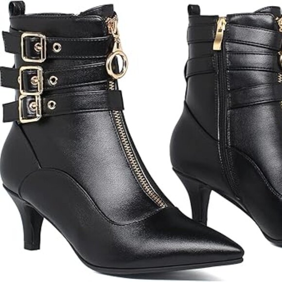 Womens 8.5 Black Ankle Boots; with Buckle, Strap, Kitten Heels, Pointed Toe - Picture 1 of 8